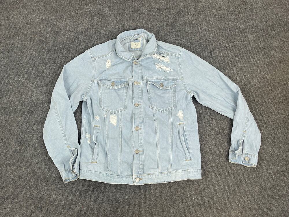 LC Waikiki Denim Jacket Mens XL Cropped Slim Fit Blue Ripped Jean N101